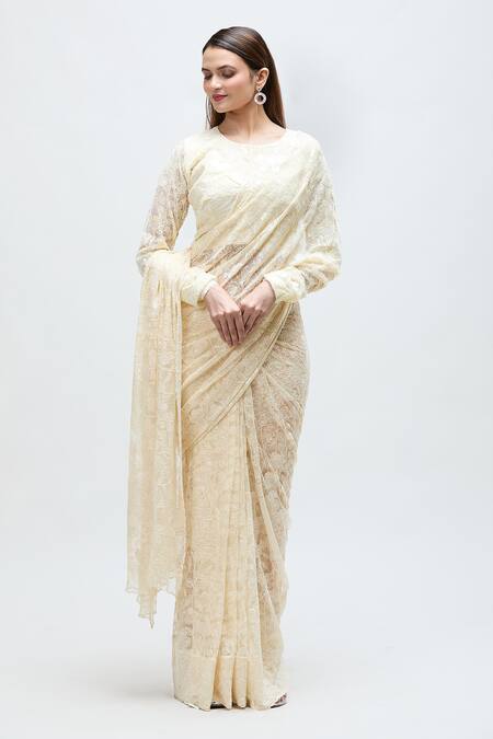 Nakita Singh Cream Net Embroidery Round Neck Floral Saree With Blouse Online at Aza Fashions Nakita Singh_Cream Net Embroidery Round Neck Floral Saree With Blouse_Online_at_Aza_Fashions