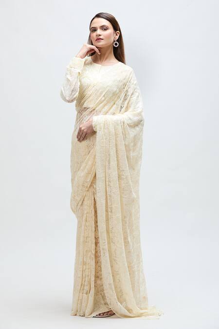 Buy Nakita Singh Cream Net Embroidery Round Neck Floral Saree With Blouse Online at Aza Fashions Buy_Nakita Singh_Cream Net Embroidery Round Neck Floral Saree With Blouse_Online_at_Aza_Fashions