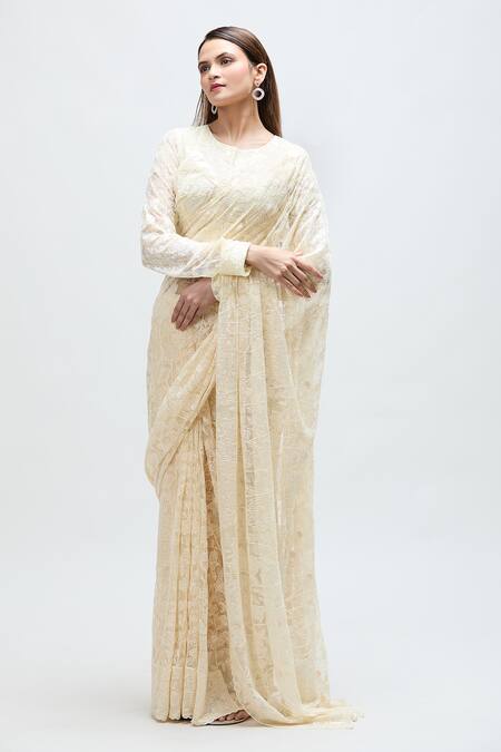 Shop Nakita Singh Cream Net Embroidery Round Neck Floral Saree With Blouse Online at Aza Fashions Shop_Nakita Singh_Cream Net Embroidery Round Neck Floral Saree With Blouse_Online_at_Aza_Fashions