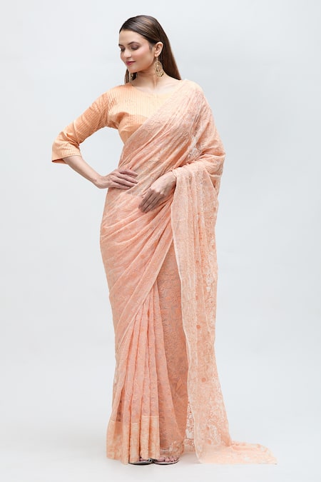 Nakita Singh Peach Net Embroidered Thread Round Saree With Blouse 