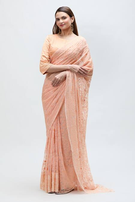 Nakita Singh_Peach Net, Cotton, Silk Embroidery Round Neck Thread Saree With Blouse_Online_at_Aza_Fashions