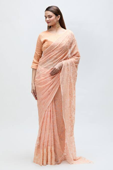 Buy_Nakita Singh_Peach Net, Cotton, Silk Embroidery Round Neck Thread Saree With Blouse_Online_at_Aza_Fashions