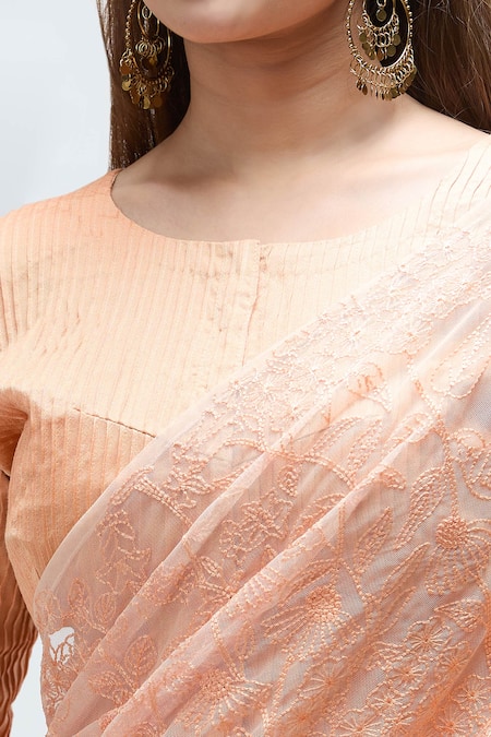 Nakita Singh_Peach Net, Cotton, Silk Embroidery Round Neck Thread Saree With Blouse_at_Aza_Fashions