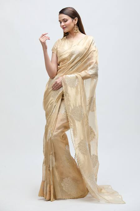 Nakita Singh_Gold Tissue Zari, Embroidery Round Neck Floral Buti Saree With Blouse_Online_at_Aza_Fashions
