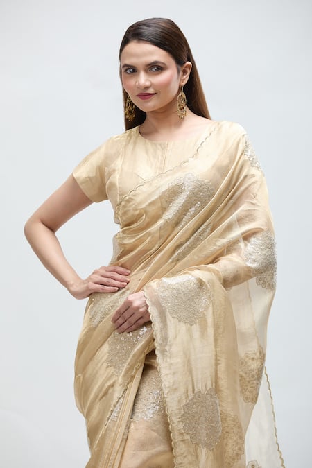Shop_Nakita Singh_Gold Tissue Zari, Embroidery Round Neck Floral Buti Saree With Blouse_Online_at_Aza_Fashions