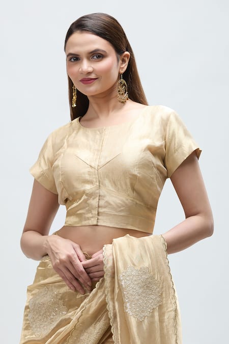 Buy_Nakita Singh_Gold Tissue Zari, Embroidery Round Neck Floral Buti Saree With Blouse