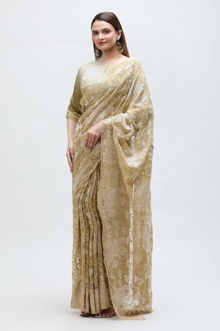 Nakita Singh_Cream Cotton, Silk Zari Round Neck Floral Embroidered Saree With Blouse_Online_at_Aza_Fashions