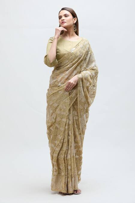 Buy_Nakita Singh_Cream Cotton, Silk Zari Round Neck Floral Embroidered Saree With Blouse_Online_at_Aza_Fashions