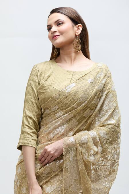 Shop_Nakita Singh_Cream Cotton, Silk Zari Round Neck Floral Embroidered Saree With Blouse_Online_at_Aza_Fashions