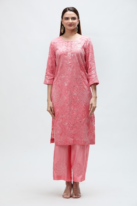 Nakita Singh_Pink Silk, Organza Sequins, Embroidery Round Neck Floral Kurta Set_Online_at_Aza_Fashions