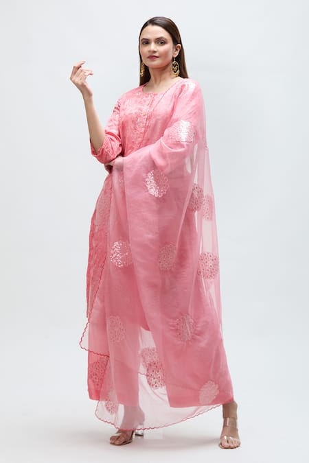 Shop_Nakita Singh_Pink Silk, Organza Sequins, Embroidery Round Neck Floral Kurta Set_Online_at_Aza_Fashions