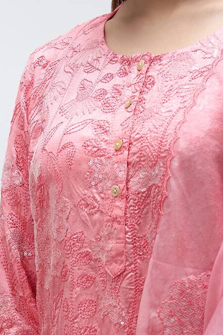Nakita Singh_Pink Silk, Organza Sequins, Embroidery Round Neck Floral Kurta Set_at_Aza_Fashions