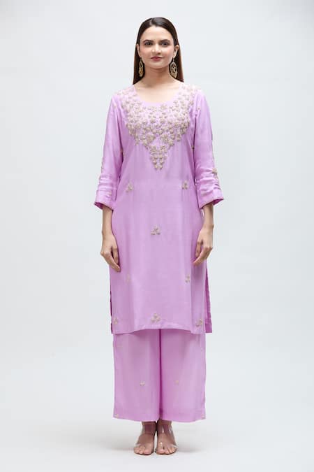 Nakita Singh_Purple Silk, Organza Embroidery Round Neck Dabka Kurta Set_Online_at_Aza_Fashions