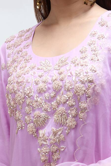 Buy_Nakita Singh_Purple Silk, Organza Embroidery Round Neck Dabka Kurta Set_Online_at_Aza_Fashions