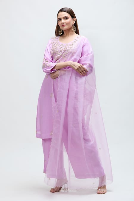 Nakita Singh_Purple Silk, Organza Embroidery Round Neck Dabka Kurta Set_at_Aza_Fashions