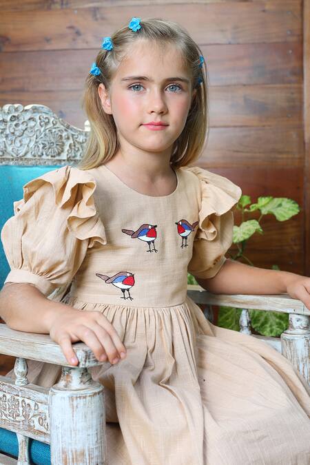 JILMIL DREAMWEAR Beige Cotton Embroidery Sparrow Dress Online at Aza Fashions JILMIL DREAMWEAR_Beige Cotton Embroidery Sparrow Dress _Online_at_Aza_Fashions