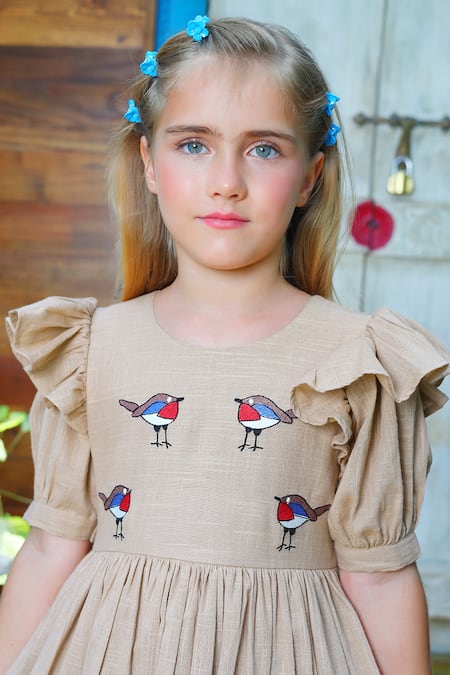 Buy JILMIL DREAMWEAR Beige Cotton Embroidery Sparrow Dress Online at Aza Fashions Buy_JILMIL DREAMWEAR_Beige Cotton Embroidery Sparrow Dress _Online_at_Aza_Fashions