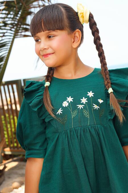 Shop JILMIL DREAMWEAR Green Cotton Embroidery Daisy Dress Online at Aza Fashions Shop_JILMIL DREAMWEAR_Green Cotton Embroidery Daisy Dress _Online_at_Aza_Fashions