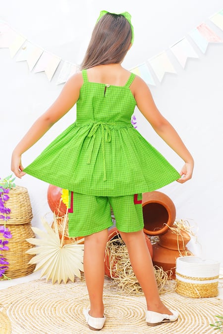 Shop JILMIL DREAMWEAR Green Cotton Checkered Print Peplum Top With Shorts at Aza Fashions Shop_JILMIL DREAMWEAR_Green Cotton Checkered Print Peplum Top With Shorts _at_Aza_Fashions