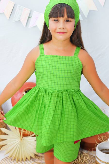 JILMIL DREAMWEAR Green Cotton Checkered Print Peplum Top With Shorts Online at Aza Fashions JILMIL DREAMWEAR_Green Cotton Checkered Print Peplum Top With Shorts _Online_at_Aza_Fashions