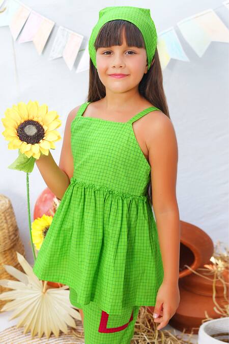 Buy JILMIL DREAMWEAR Green Cotton Checkered Print Peplum Top With Shorts Online at Aza Fashions Buy_JILMIL DREAMWEAR_Green Cotton Checkered Print Peplum Top With Shorts _Online_at_Aza_Fashions