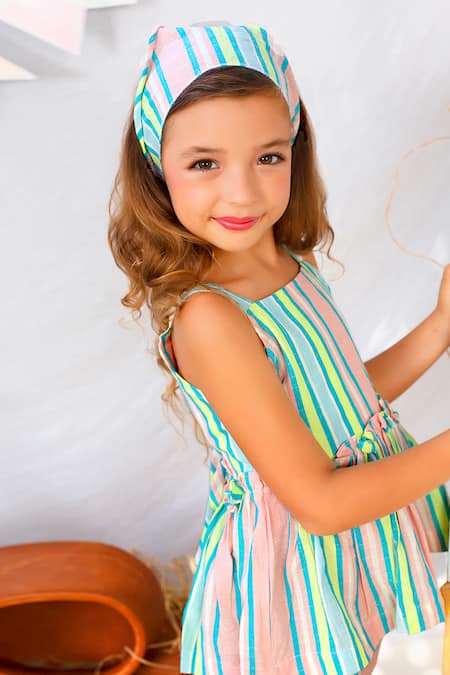 Shop_JILMIL DREAMWEAR_Blue Cotton Striped Print Peplum Top With Shorts _Online_at_Aza_Fashions