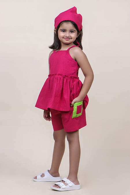 JILMIL DREAMWEAR Pink Cotton Checks Print Peplum Top With Shorts Online at Aza Fashions JILMIL DREAMWEAR_Pink Cotton Checks Print Peplum Top With Shorts _Online_at_Aza_Fashions