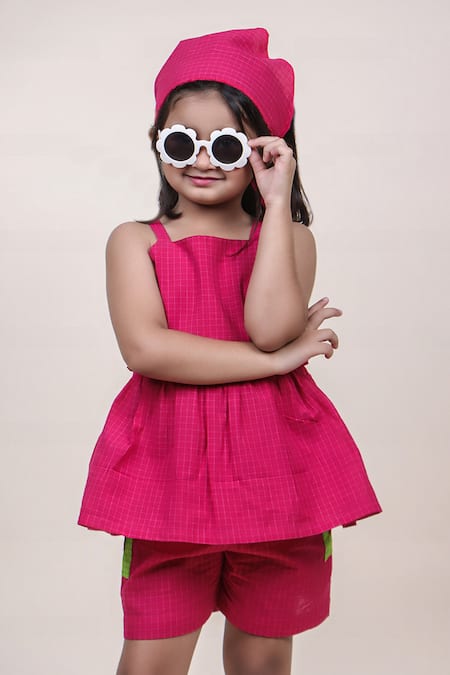 Shop JILMIL DREAMWEAR Pink Cotton Checks Print Peplum Top With Shorts Online at Aza Fashions Shop_JILMIL DREAMWEAR_Pink Cotton Checks Print Peplum Top With Shorts _Online_at_Aza_Fashions