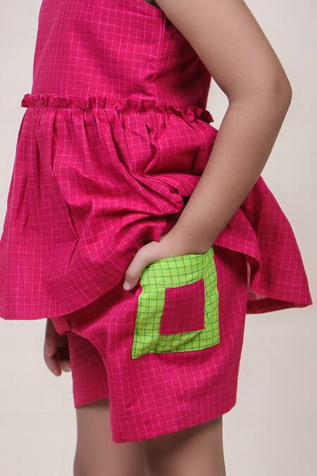JILMIL DREAMWEAR Pink Cotton Checks Print Peplum Top With Shorts at Aza Fashions JILMIL DREAMWEAR_Pink Cotton Checks Print Peplum Top With Shorts _at_Aza_Fashions