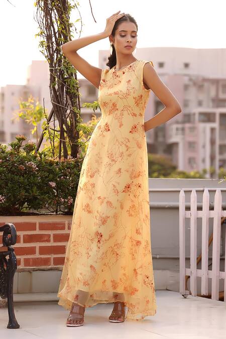 Seesa Cream Organza, Silk Beads Round Neck Floral Print Layered Maxi Dress at Aza Fashions Seesa_Cream Organza, Silk Beads Round Neck Floral Print Layered Maxi Dress _at_Aza_Fashions