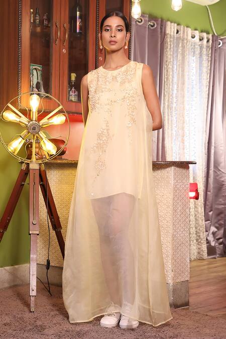 Shop Seesa Cream Organza, Silk Embroidery Round Neck Bodice Double Layered Dress Online at Aza Fashions Shop_Seesa_Cream Organza, Silk Embroidery Round Neck Bodice Double Layered Dress _Online_at_Aza_Fashions
