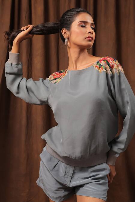 Shop Seesa Green Silk, Chiffon Embroidery Boat Neck Placement Organza Top Online at Aza Fashions Shop_Seesa_Green Silk, Chiffon Embroidery Boat Neck Placement Organza Top_Online_at_Aza_Fashions