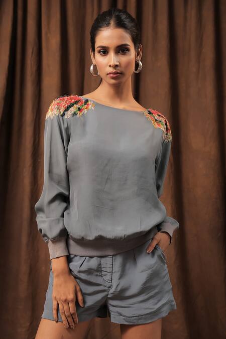 Seesa Green Silk, Chiffon Embroidery Boat Neck Placement Organza Top at Aza Fashions Seesa_Green Silk, Chiffon Embroidery Boat Neck Placement Organza Top_at_Aza_Fashions