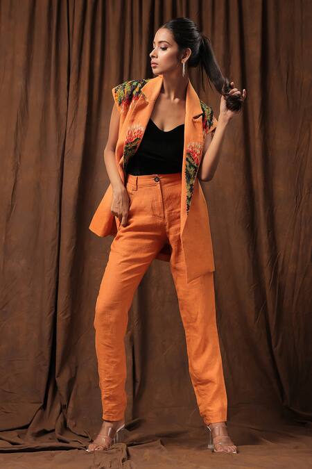 Seesa_Orange Linen Embroidery Blazer_at_Aza_Fashions
