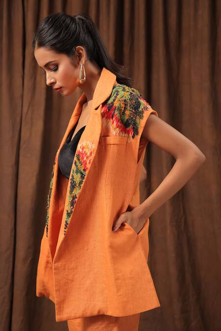 Shop_Seesa_Orange Linen Embroidery Blazer