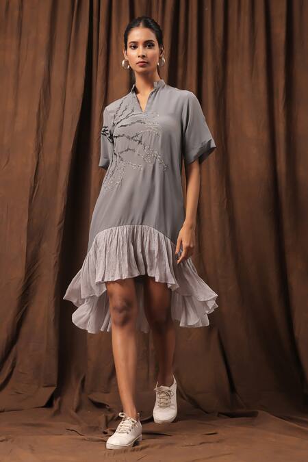 Seesa_Grey Crepe Embroidery V-neck Ruffle Hem Dress_at_Aza_Fashions
