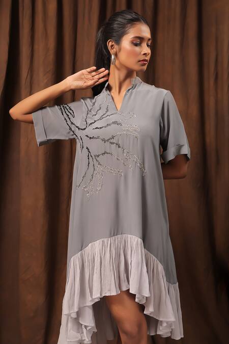 Buy_Seesa_Grey Crepe Embroidery V-neck Ruffle Hem Dress