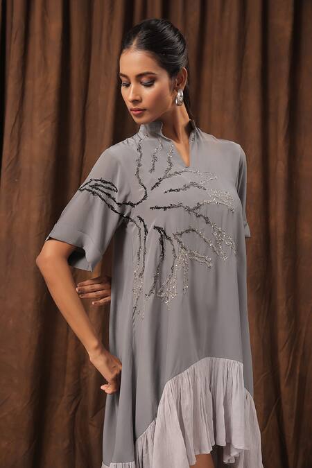 Shop_Seesa_Grey Crepe Embroidery V-neck Ruffle Hem Dress