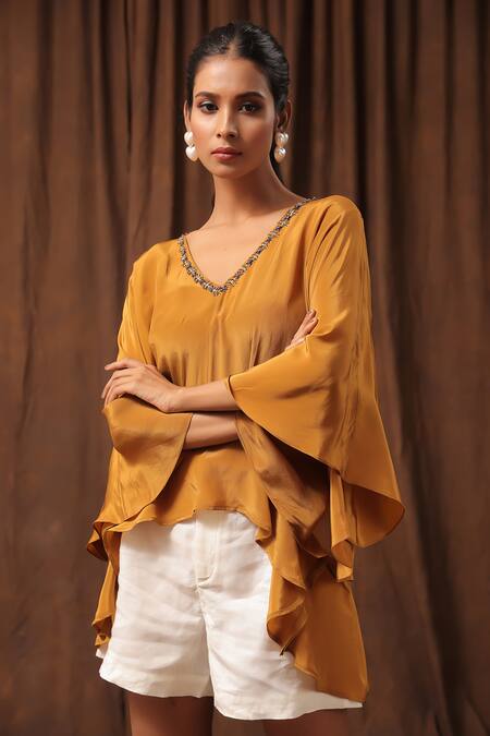 Buy Seesa Brown Crepe Embroidery V-neck Arela Kaftan Blouse Online at Aza Fashions Buy_Seesa_Brown Crepe Embroidery V-neck Arela Kaftan Blouse _Online_at_Aza_Fashions
