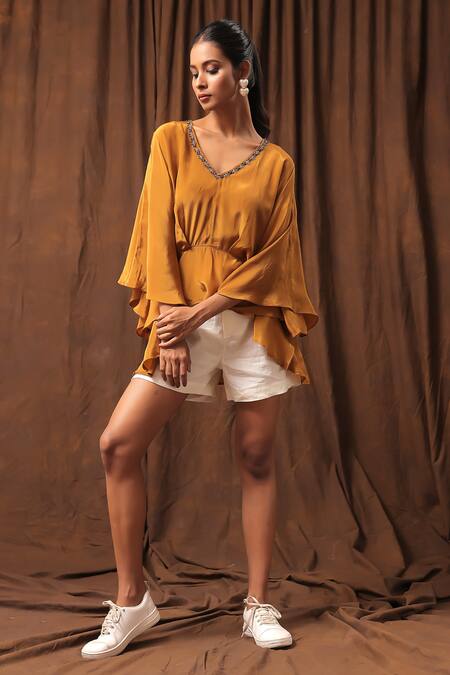 Shop Seesa Brown Crepe Embroidery V-neck Arela Kaftan Blouse Online at Aza Fashions Shop_Seesa_Brown Crepe Embroidery V-neck Arela Kaftan Blouse _Online_at_Aza_Fashions