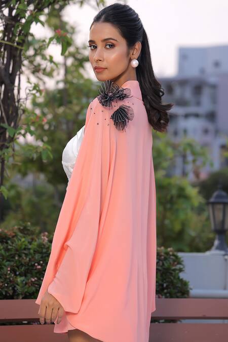 Seesa_Pink Silk, Crepe Embroidery Open Neck Ziara Solid Batwing Sleeve Jacket _at_Aza_Fashions