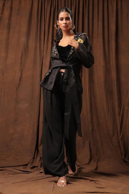 Seesa_Black Silk Organza Embroidery Collared Alaya Sheer Jacket _at_Aza_Fashions