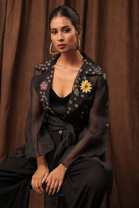 Buy_Seesa_Black Silk Organza Embroidery Collared Alaya Sheer Jacket 