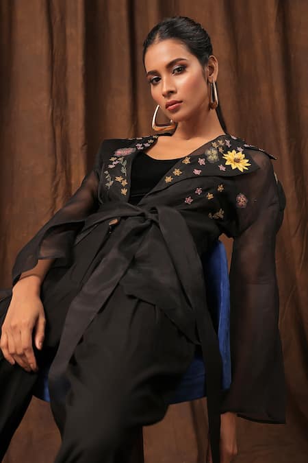 Shop_Seesa_Black Silk Organza Embroidery Collared Alaya Sheer Jacket 