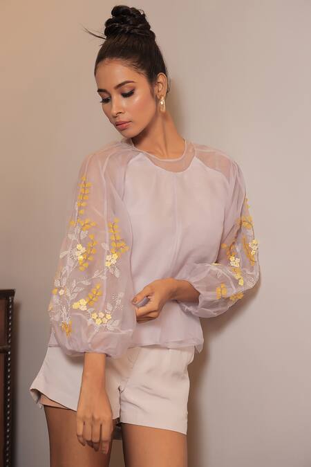 Shop Seesa Grey Silk Organza Embroidery Round Neck Kamaria Lunar Rock Floral Top Online at Aza Fashions Shop_Seesa_Grey Silk Organza Embroidery Round Neck Kamaria Lunar Rock Floral Top _Online_at_Aza_Fashions