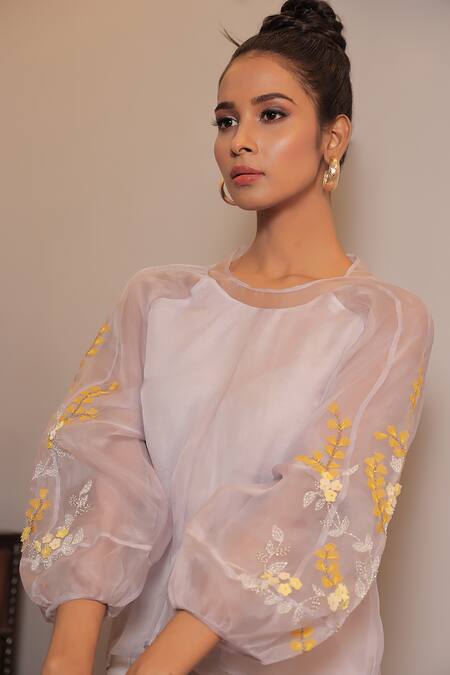 Buy Seesa Grey Silk Organza Embroidery Round Neck Kamaria Lunar Rock Floral Top Buy_Seesa_Grey Silk Organza Embroidery Round Neck Kamaria Lunar Rock Floral Top