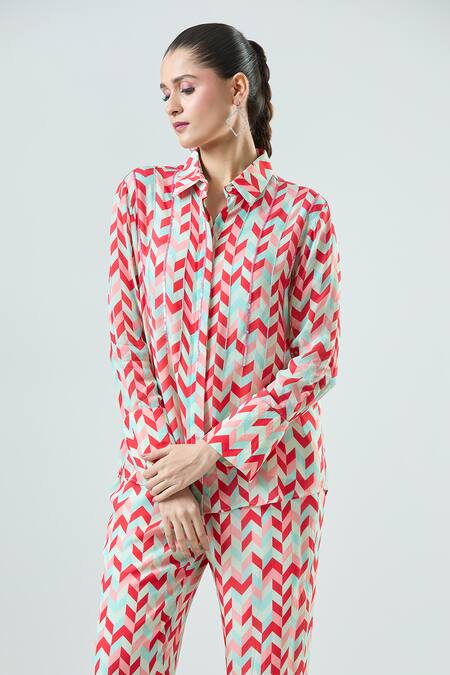 Shop Seams Pret And Couture Coral Crepe Print Geometric Collar Aanya Geo Shirt With Pant Online at Aza Fashions Shop_Seams Pret And Couture_Coral Crepe Print Geometric Collar Aanya Geo Shirt With Pant _Online_at_Aza_Fashions