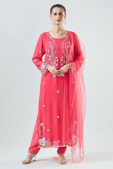 Seams Pret And Couture Coral Georgette Embroidered Thread Round Adiva Kurta Pant Set 