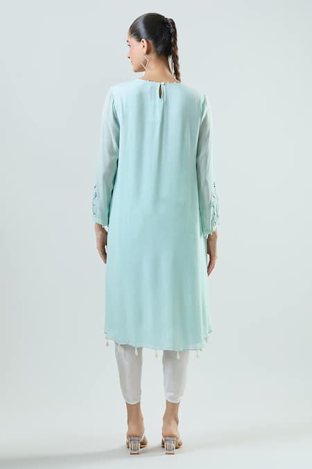 Shop Seams Pret And Couture Blue Crepe, Satin Pearls Round Neck Aadiya Embroidered Tunic With Tulip Pant at Aza Fashions Shop_Seams Pret And Couture_Blue Crepe, Satin Pearls Round Neck Aadiya Embroidered Tunic With Tulip Pant _at_Aza_Fashions