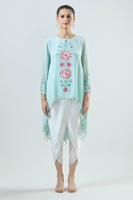 Seams Pret And Couture Blue Crepe, Satin Pearls Round Neck Aadiya Embroidered Tunic With Tulip Pant Online at Aza Fashions Seams Pret And Couture_Blue Crepe, Satin Pearls Round Neck Aadiya Embroidered Tunic With Tulip Pant _Online_at_Aza_Fashions